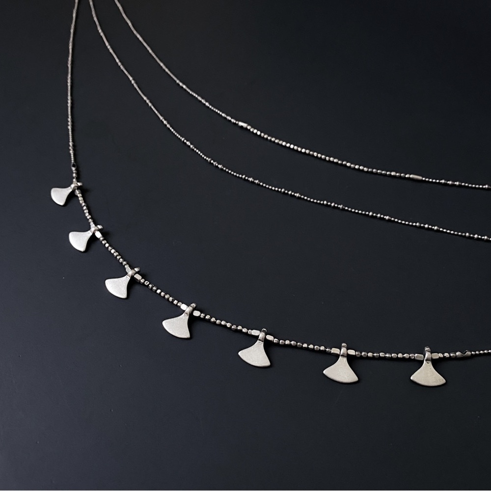 Long Boho Silver Tone Chain Beaded Fan Charms Layered Minimalist Necklace - Picture 3 of 8